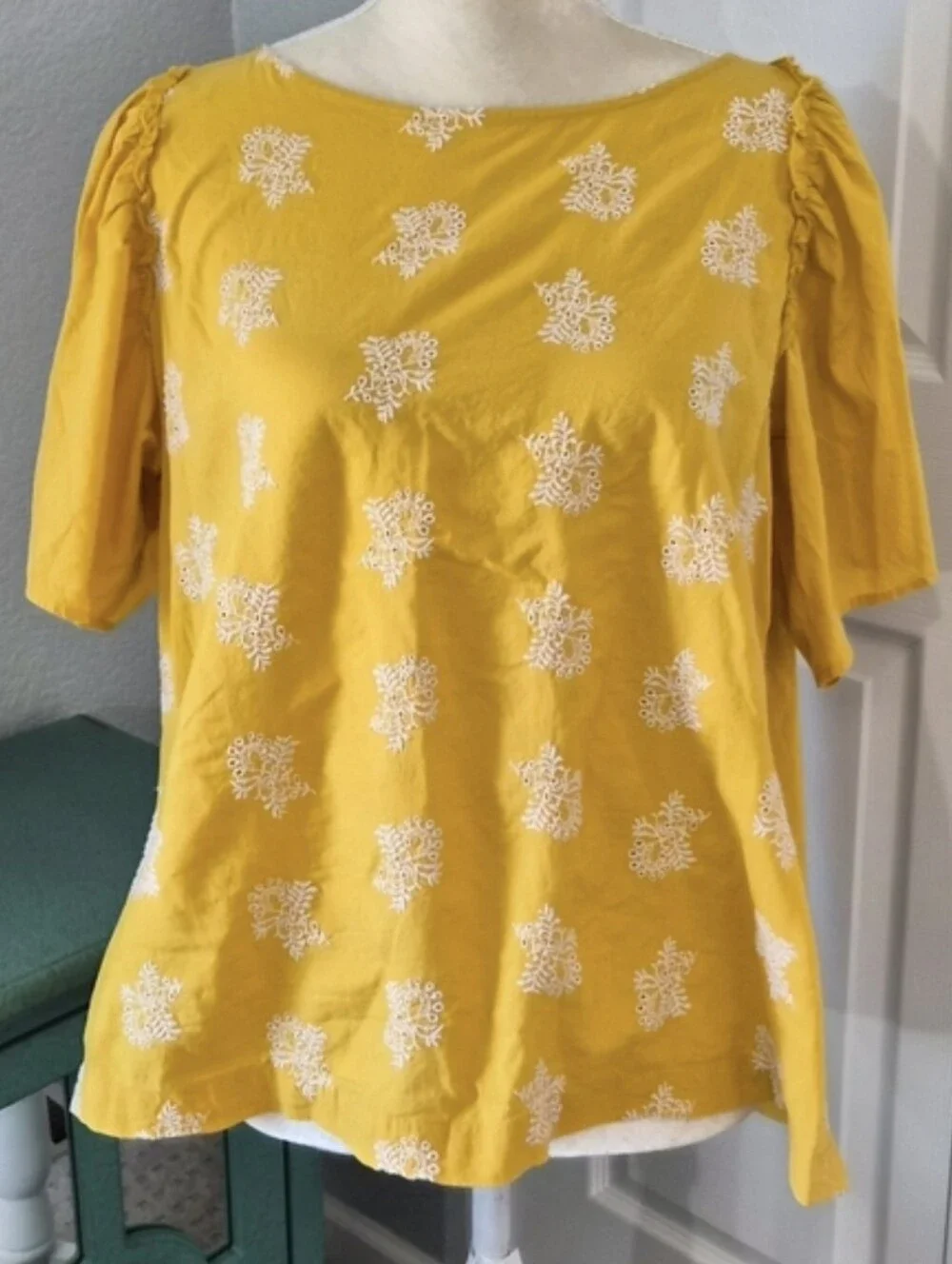 LOFT Cottagecore Romantic Floral Embroidered Puff Sleeve Peasant Blouse L